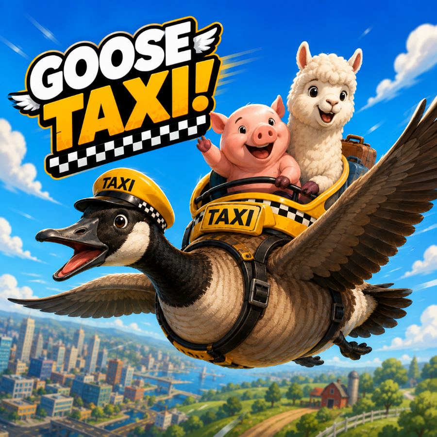 Goose Taxi: a goose in a taxi hat flying a pig and an alpaca over the city